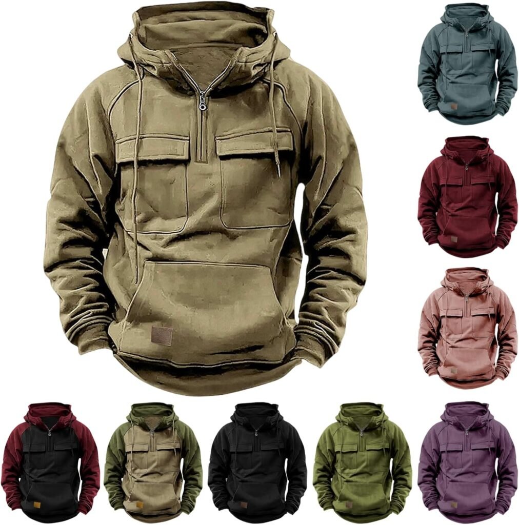 Tactical Hoodies for Men Military Quarter Zip Cargo Sweatshirts Athletic Hoodie Workout Hooded Pullover With Pockets